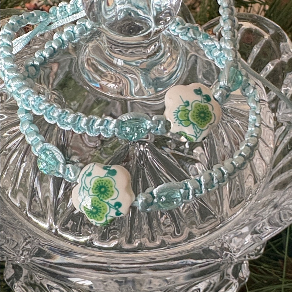Adjustable Light Blue White Beaded macramé Bracelet set